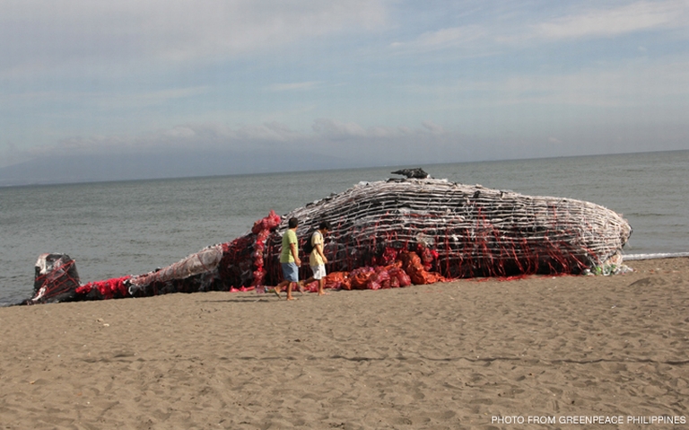 Escultura de uma baleia feita em plástico